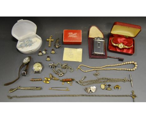 Jewellery - silver Albert; others; gold plated cross; silver Mizpah brooch; A Tymo watch; a gentleman's watch anti magnetic; 