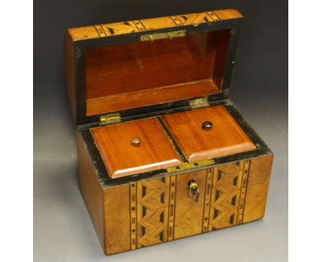 A Victorian walnut and parquetry domed rectangular caddy, hinged cover enclosing a pair of lidded compartments, c.1860
