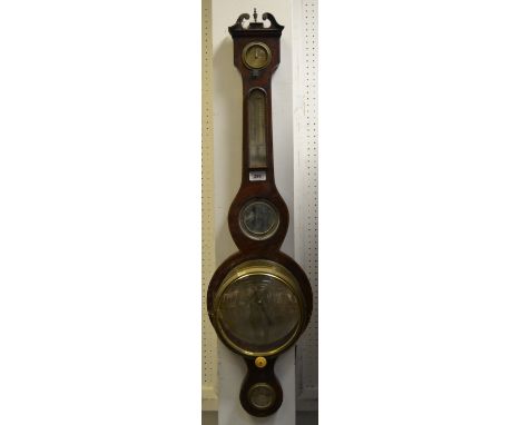 An early 19th century mahogany wheel barometer, 19.5cm silvered dial, alcohol thermometer, the level inscribed F Stringa, Car