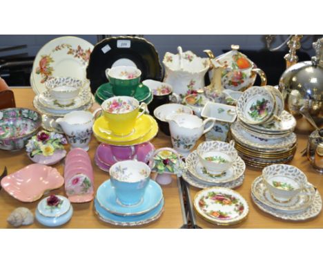 Teaware - an Adderley Floral tea service, each with a different colour to exterior, printed marks;  flower posies;  other flo