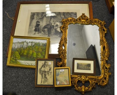 Pictures and Prints - a contemporary fancy gilt framed mirror; an oak framed Victorian lithograph print entitled Flown;  etc 