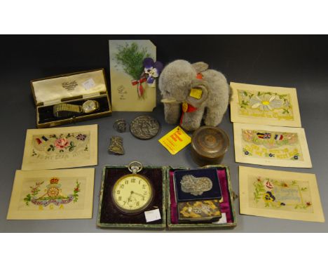  Boxes and Objects- a Rotary wristwatch, snuff box, steiff elephant, czech forces badges, postcards, etc