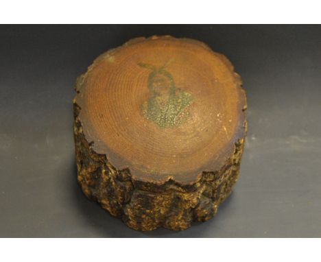 A Native American birch box, hinged cover decorated with a portrait of a brave