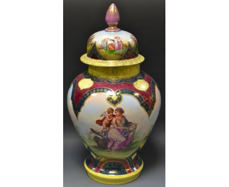 A Vienna baluster vase, printed with the classical graces, within emerald, ruby and yellow border, picked out in gilt, domed 