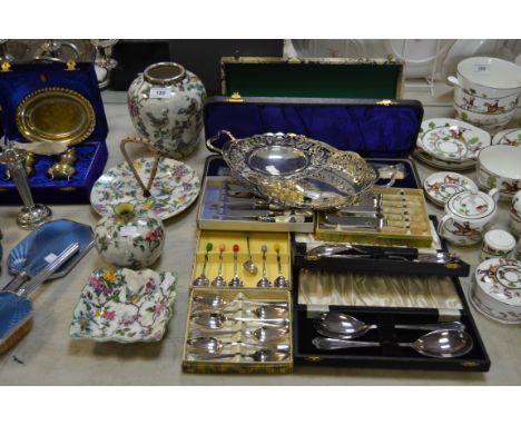 Plated ware - a silver collared baluster shaped vase; carving sets; flatware; etc