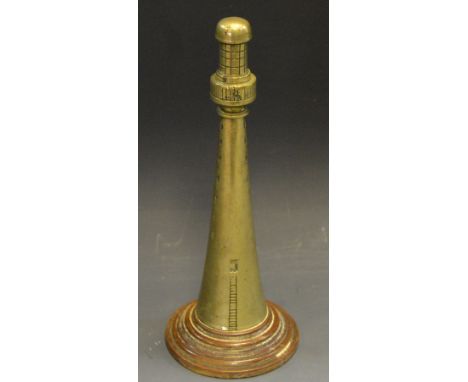 An early 20th century brass model, of a lighthouse, stepped oak base