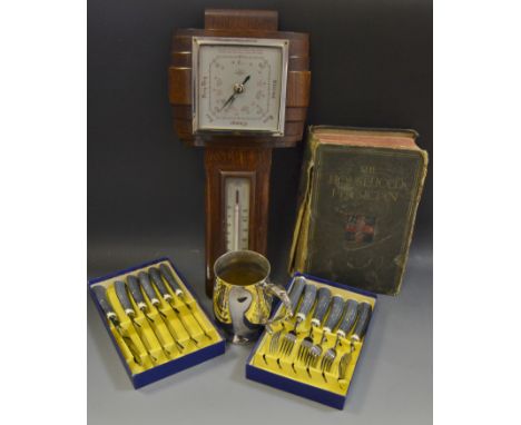 An Art Deco Shortland Smiths oak barometer, alcohol thermometer, c.1930;  a set of six Venture faux horn steak knives and for