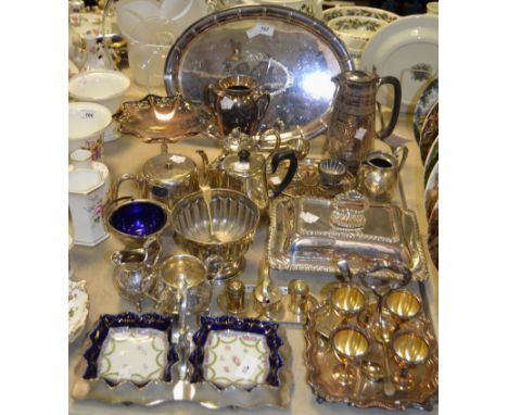 Silver Plated Ware - a Victorian entree dish;  egg cup and stand; three piece tea service; hotel ware; teapot stand; a 19th c