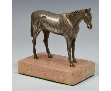 A silver coloured metal model of a race horse, rose marble plinth, 10cm high