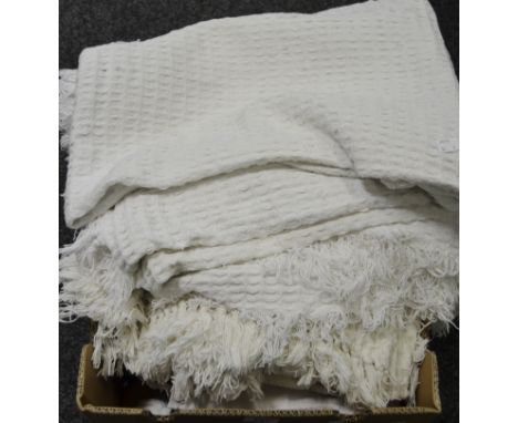 Textiles - a mid 20th century croquet child's bed throw;  a tartan travel blanket;  two white cotton bed covers, with tassels