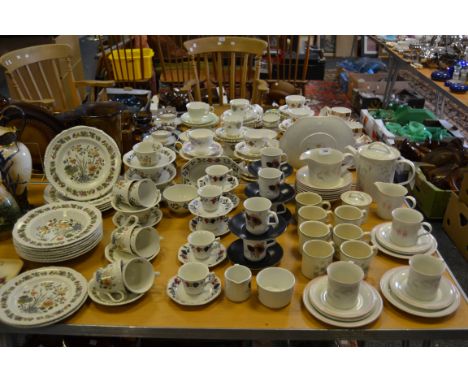 Dinner and Teaware -an Adams Country Meadow part dinner and tea service;   seven Wedgwood Raspberry Cane mugs;  Adams coffee 