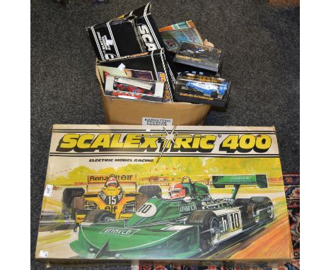 Scalextric - a 400 Electric Model Racing set complete with Elf Renault RS01 and March Ford Six Wheel, power pack, barriers, h