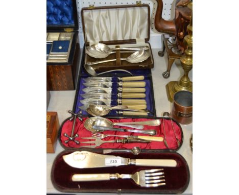 A Victorian silver mustard spoon; EP flatware; fish servers;  etc 