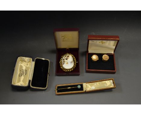 A Victorian Cameo brooch; a Turquoise ball stick pin; a pair of gold plated cufflinks