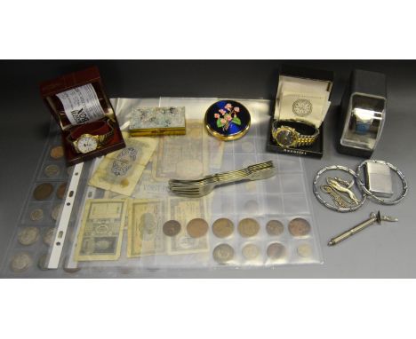 A Stratton compact; a Zippo lighter; Accurist watch; coins, English and Foreign