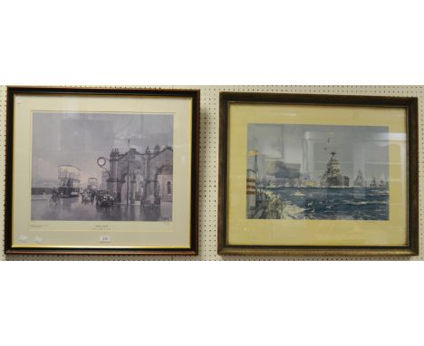 Frank Mason, by and after, War Ships, off the coast, singed in pencil,  54cm x 71cm, framed; Peter Owen Jones, by and  after,