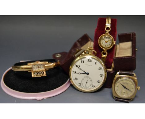 A lady's Cauny Prima 18ct gold bracelet watch with hinged watch glass grill, pivoting arms; a lady's Jaeger Lecoultre 9ct gol