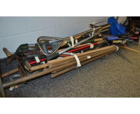 Tools - socket sets; metal toolbox; spades; hoes, saws, axle stands;  etc qty 