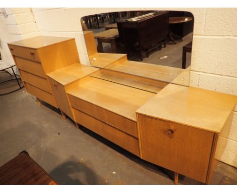 Retro style light wood dressing table with rear mirror and matching chest of four drawers by Avalon Yatton