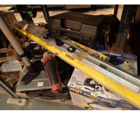Mixed items to include a cased Calor stove mitre saw wallpaper stripper tyre pump sander and drill etc 
