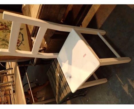 Painted pine dining chair with a steel framed slat top exterior side table 