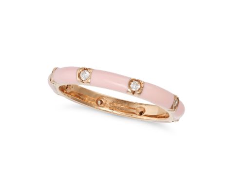 A PINK ENAMEL AND DIAMOND BAND RING in 18ct yellow gold, set with sections of pink enamel and accented by round brilliant cut