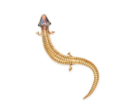 A VINTAGE SALAMANDER BROOCH in 18ct yellow gold, designed as an articulated salamander with a gas pipe body, the eyes set wit