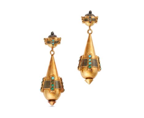 A PAIR OF ANTIQUE TURQUOISE AND ENAMEL DROP EARRINGS in yellow gold, each comprising a domed top set with cabochon turquoise 