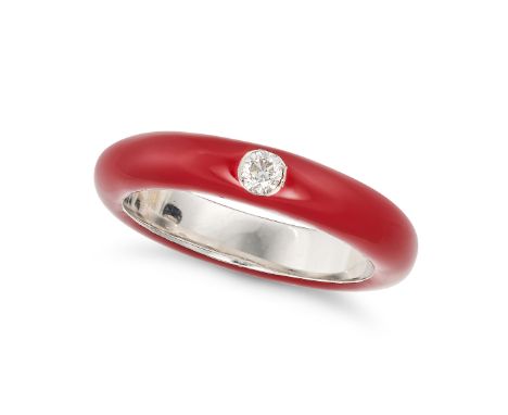 A RED ENAMEL AND DIAMOND BAND RING in 18ct white gold, the band decorated all the way around with red enamel and set to the c