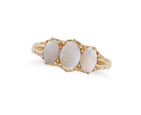 NO RESERVE - AN OPAL THREE STONE RING in 9ct yellow gold, set with three cabochon opals, full British hallmarks, size O1/2 / 