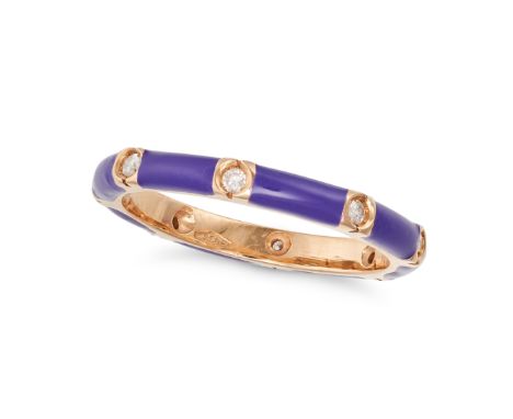 A PURPLE ENAMEL AND DIAMOND BAND RING in 18ct rose gold, decorated all around with sections of purple enamel and accented by 