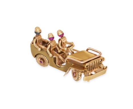 A VINTAGE RUBY AND SAPPHIRE ARMY JEEP BROOCH in 14ct yellow gold, designed as a car / army jeep carrying three persons, their