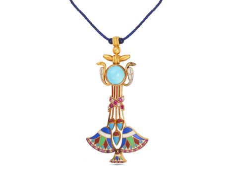 AN ANTIQUE EGYPTIAN REVIVAL ENAMEL, TURQUOISE, RUBY AND DIAMOND PENDANT NECKLACE in high carat yellow gold, comprising a roun