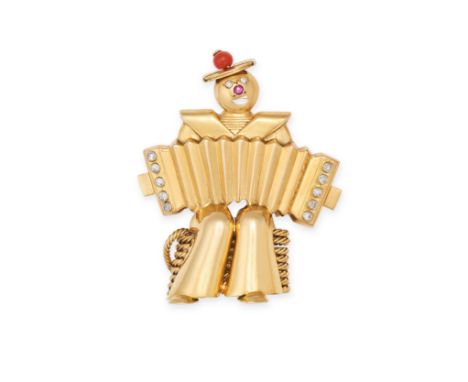 VAN CLEEF &amp; ARPELS, A VINTAGE DIAMOND, CORAL AND RUBY CLOWN CLIP BROOCH, 1940s in 18ct yellow gold and platinum, designed