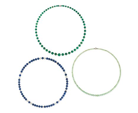 NO RESERVE - THREE BEAD NECKLACES comprising a green onyx and faceted glass bead necklace, a jadeite jade bead necklace and a