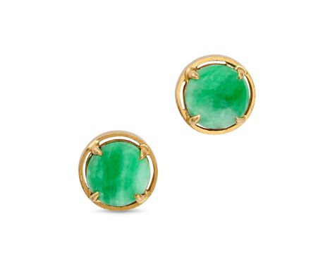 NO RESERVE - A PAIR OF JADEITE JADE STUD EARRINGS in 18ct yellow gold, each set with a circular jadeite jade, stamped 750, 0.