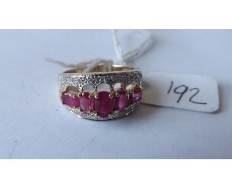 Fancy 9ct ruby &amp; diamond good quality band ring   (size P).         