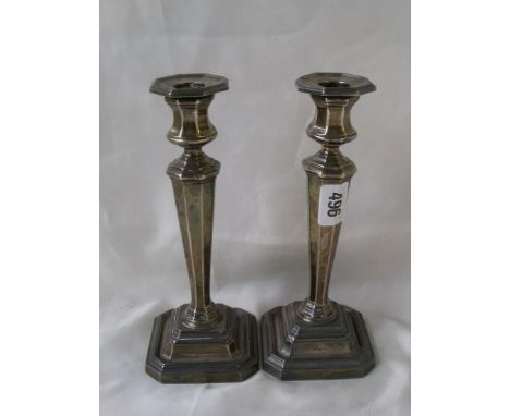 A pair of hexagonal tapering candle stick 8” high Sheff 1926 by M &amp; W       