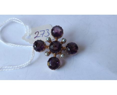 Antique amethyst and pearl gold mounted cross brooch  7.6g        