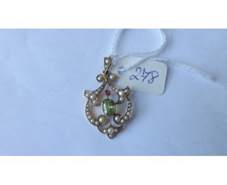 Antique gold mounted peridot, ruby and pearl pendant 3.5cm long 2.3g inc       