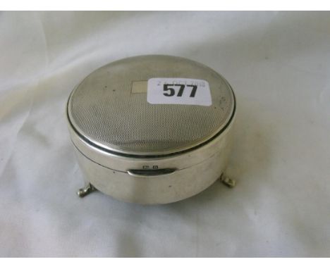 A trinket box engine turned hinged cover raised on  pad feet 3.5” dia Birm 1932 by WM      