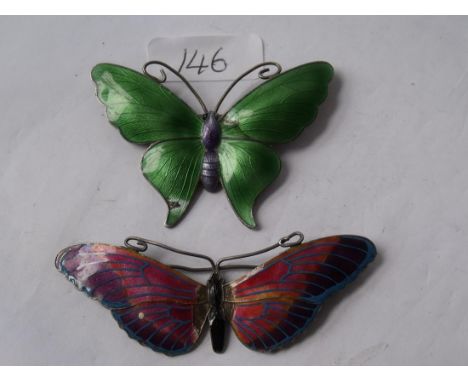 Two large antique silver and enamel butterfly brooches   33.5g         
