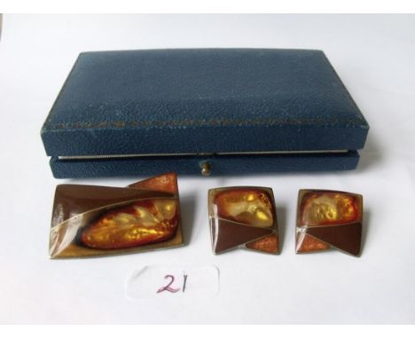 Pair of enamel art deco earrings and matching brooch in box  