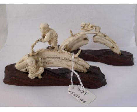 Bridge with two figures one standing and the other crouching on hard wood stand 4” wide, also another&nbsp;(Netsuke)