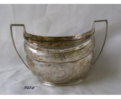 Georgian boat shaped sugar basin floral engraved 7” over handles Lon 1804 by TW 240g.    