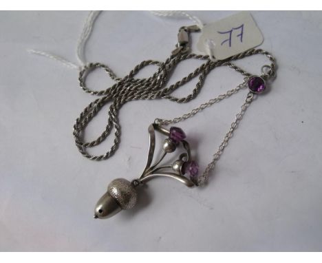 Silver and amethyst thistle pendant with acorn drop   