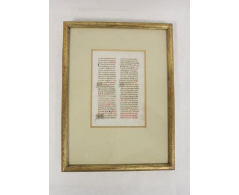 15th Century Manuscript Leaf.&nbsp;&nbsp;Missal leaf on vellum, 5" x 3.5", two columns of text entirely in gold or red with i