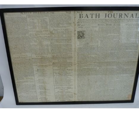 THE BATH JOURNAL.&nbsp;&nbsp;No. 41 of vol. 2 of this periodical for December 30 1745. Framed folded folio sheet with much re