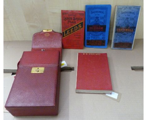 STANFORD EDWARD.&nbsp;&nbsp;Red morocco map case, stamped "England" with inserted compass &amp; 1 orig. map &amp; 3 others un