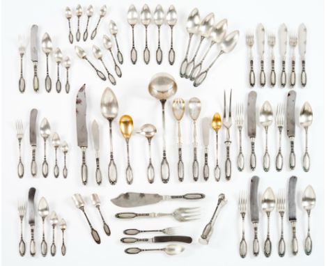 A 12 cover canteen of cutlery in its storage casePortuguese silverNeoclassical decoration of beaded friezes and foliage eleme